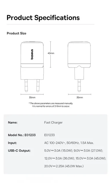 Мережевий зарядний пристрій Baseus EnerFill FN22 GaN 45W Type-C (PD 3.0 / QC 3.0), швидка зарядка, Black - зображення 3
