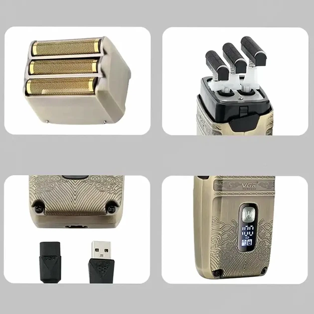 Электробритва VGR V-335 с USB зарядкой три ножевых блока LED дисплей золотистая 5 Вт для сухого и влажного бритья - изображение 5