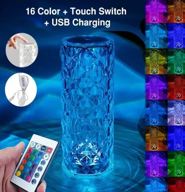 Настільна акумуляторна лампа з пультом 22 см нічник Троянда з пультом RGB Crystal Rose. - зображення 4