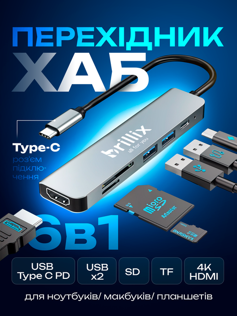 Usb хаб перехідник type с на юсб 6в1 hub адаптер на тайп сі для ноутбука макбука смартфона планшета пк Brillix UC-H6 Max концентратор з кардрідером розгалужувач 4 порти 4K HDMI+USB*2+SD/TF card reader+PD Female hub 6in1 - Фото 1 Usb хаб перехідник type с на юсб 6в1 hub адаптер на тайп сі для ноутбука макбука смартфона планшета пк Brillix UC-H6 Max концентратор з кардрідером розгалужувач 4 порти 4K HDMI+USB*2+SD/TF card reader+PD Female hub 6in1 - зображення 1