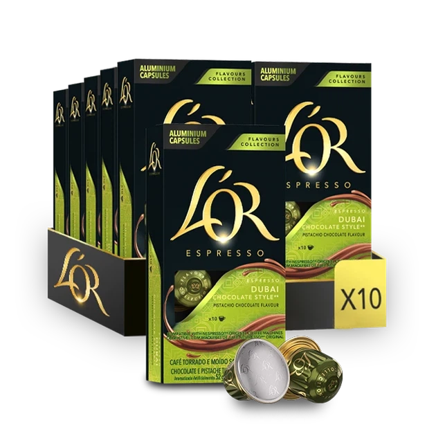 Набор Кофе в капсулах Nespresso L'OR Espresso Dubai Chocolate Style 100% arabica 100 алюминиевых капсул (Интенсивность 8) - Фото 1 Набор Кофе в капсулах Nespresso L'OR Espresso Dubai Chocolate Style 100% arabica 100 алюминиевых капсул (Интенсивность 8) - изображение 1