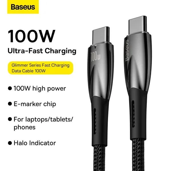 Кабель Baseus Glimmer Series Fast Charging Data Cable Type-C to Type-C 100W 20V 5A 2м (CADH000801) Black - Фото 15 Кабель Baseus Glimmer Series Fast Charging Data Cable Type-C to Type-C 100W 20V 5A 2м (CADH000801) Black - зображення 15