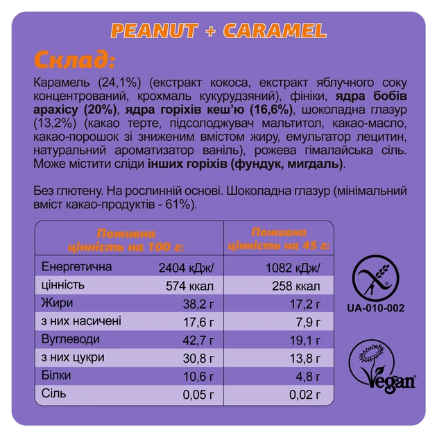 Шоколадный батончик без глютена FIZI Peanut caramel 45 г х 10 шт Веган (4820262540047) - изображение 7