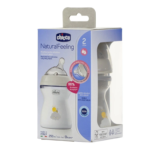 Пляшечка пластик Chicco Natural Feeling NEW, 250 мл, 2м+, Сірий - зображення 8