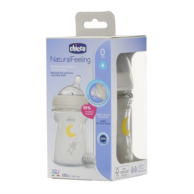 Пляшечка скло Chicco Natural Feeling NEW, 250 мл, 0м+ - Фото 8 Пляшечка скло Chicco Natural Feeling NEW, 250 мл, 0м+ - зображення 8