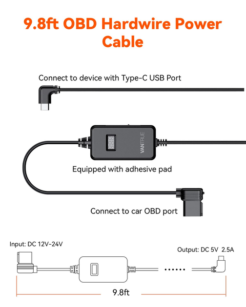 Кабель питания USB-C для видеорегистраторов VANTRUE N4 Pro, N5, N5S, N4 PRO S, N4S, S1 PRO MAX, E1 Lite, E1P, E2, E360 - изображение 3