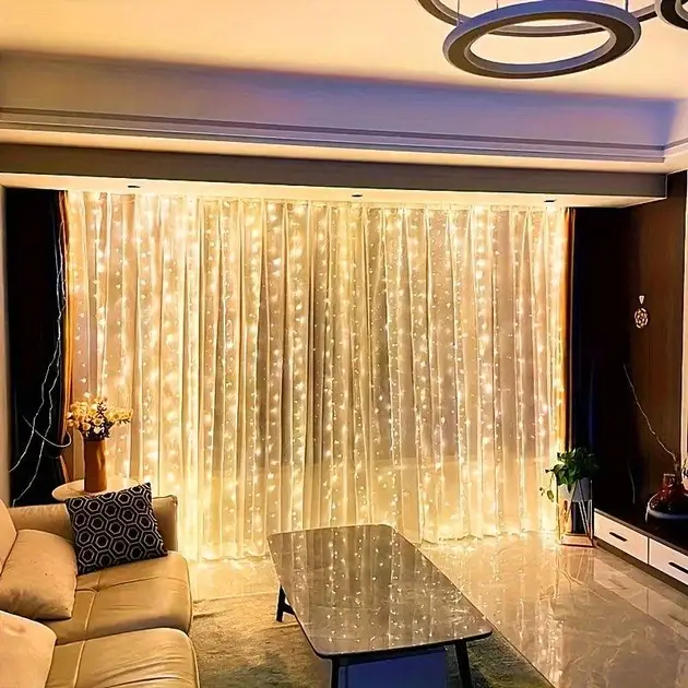 Светодиодная гирлянда-штора Melinera 2x1 м, 220 LED, теплый свет, IP44, таймер, Английская вилка (переходник в комплекте) - изображение 4