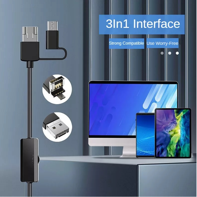 USB эндоскоп водонепроницаемый 2 м 5.5 мм с жёстким кабелем, LED подсветка, USB / Micro-USB / Type-C - изображение 4