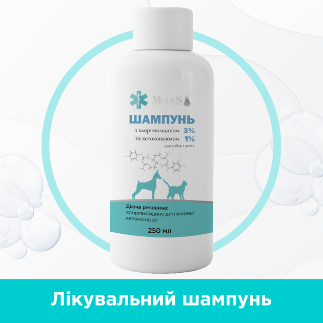 Шампунь антибактериальный с хлоргексидином 3% и кетоконазолом 1% для собак и кошек, 250 мл, MODES - Фото 1 Шампунь антибактериальный с хлоргексидином 3% и кетоконазолом 1% для собак и кошек, 250 мл, MODES - изображение 1