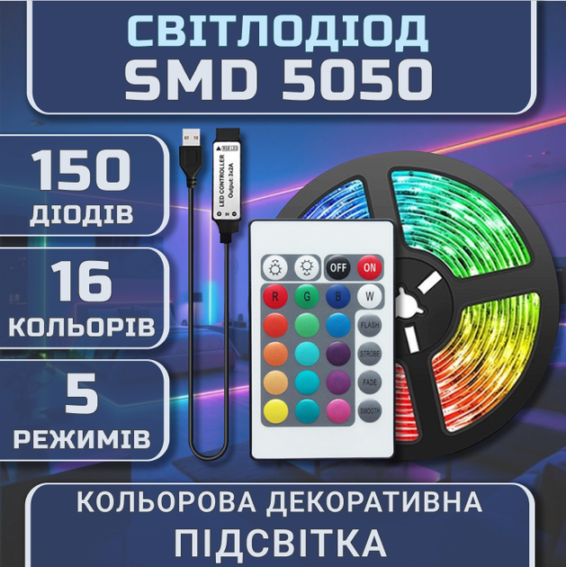 Светодиодная RGB SMD5050 лента комплект 10м с пультом на 24 кнопки, 15 светодиодов на метр, USB 5V - изображение 2