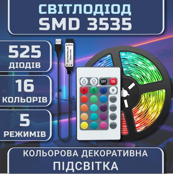 Світлодіодна RGB SMD3535 стрічка комплект 35м з пультом на 24 кнопки, 15 світлодіодів на метр, USB 5V - зображення 2