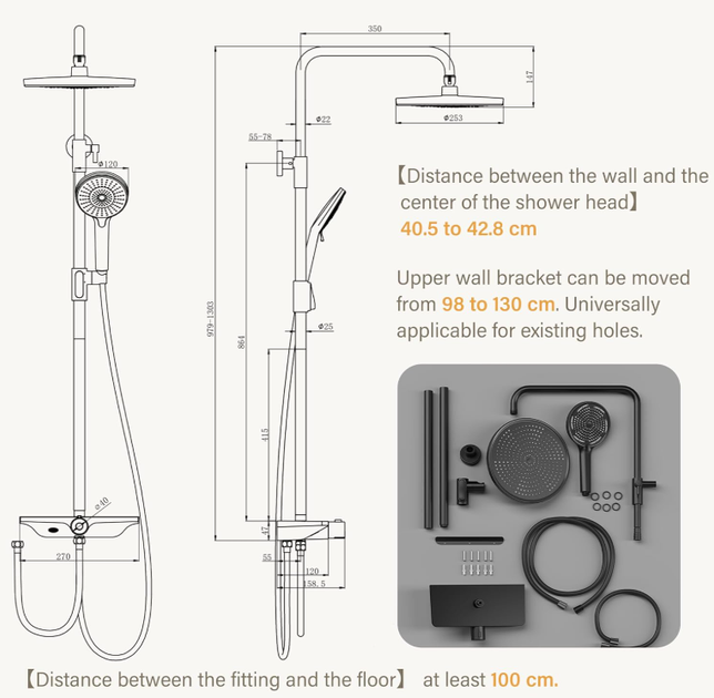 Душовий комплект з верхнім та ручним душем, регульована висота, 3 типи струменя, нержавіюча сталь - зображення 4