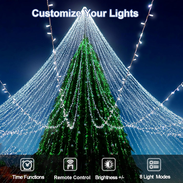 Уличная светодиодная гирлянда JXLEDAYY 50 м 300 LED теплый белый | 8 режимов, таймер, IP44, для дома, сада и елки - изображение 8