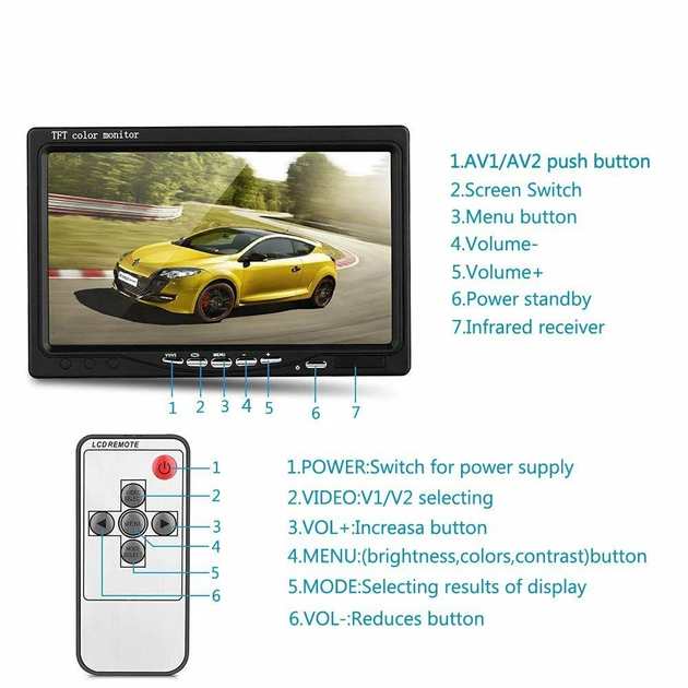 Автомобильный монитор 7" для камеры заднего вида цветной TFT LCD HD 1024х600, AV, VGA, HDMI поддержка 2 камер (4884TFT) - изображение 6