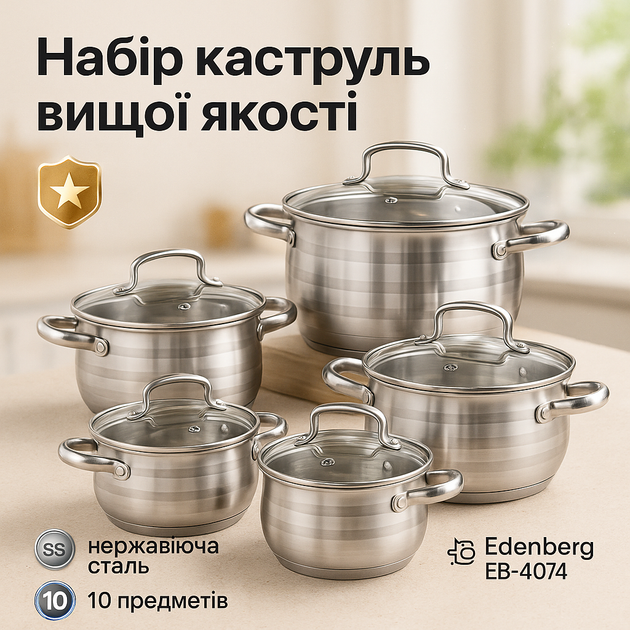 Набор посуды Edenberg EB-4074 с капсульным дном нержавеющая сталь 10 предметов - Фото 1 Набор посуды Edenberg EB-4074 с капсульным дном нержавеющая сталь 10 предметов - изображение 1