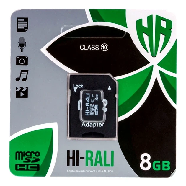 Карта памяти Hi-Rali MicroSDHC 8Гб UHS-1 10 Class с адаптером черный для смартфонов и планшетов - Фото 1 Карта памяти Hi-Rali MicroSDHC 8Гб UHS-1 10 Class с адаптером черный для смартфонов и планшетов - изображение 1