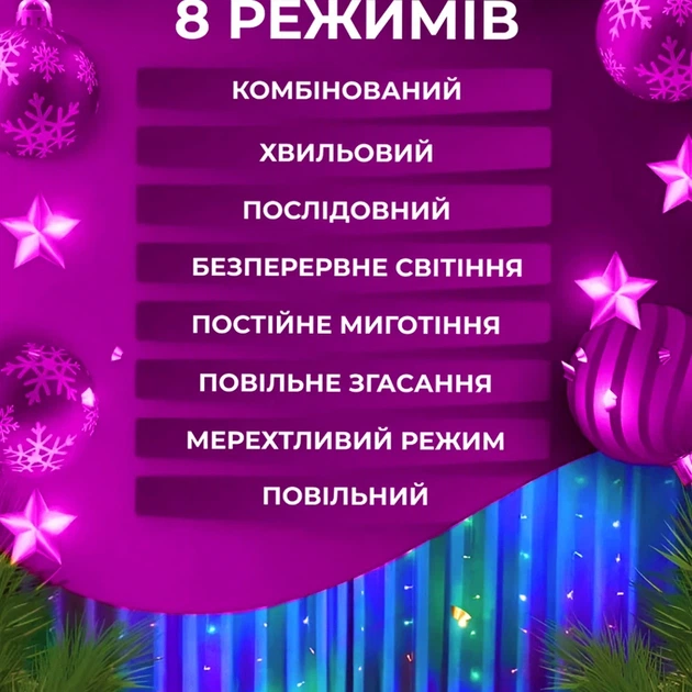 Гірлянда штора світлодіодна 200LED 3х3м 8 режимів GarlandoPro мультиколор для декору приміщень - зображення 7