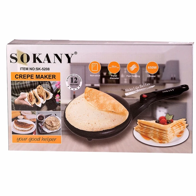 Электрическая блинница Sokany 20см 650 Вт антипригарное покрытие для равномерного приготовления блинов - изображение 6