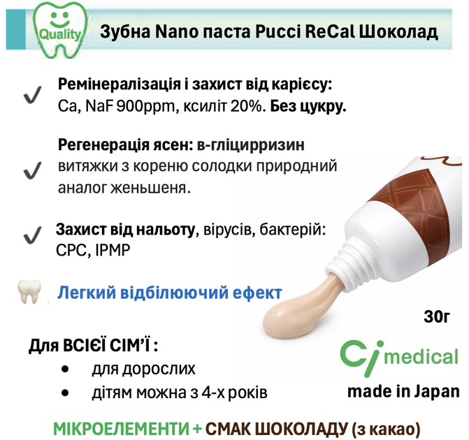Зубна паста японська Ci Pucci ReCal Choco Mint Nano 30г комплексного действия (4562324645498) - изображение 2
