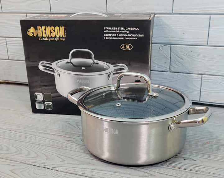 Каструля з кришкою Benson BN-437 4.7л 24см з нержавіючої сталі - Фото 3 Каструля з кришкою Benson BN-437 4.7л 24см з нержавіючої сталі - зображення 3