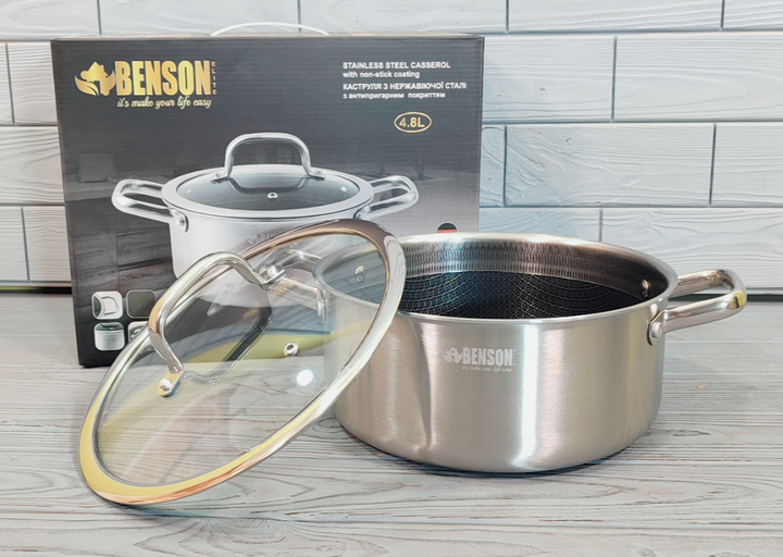 Каструля з кришкою Benson BN-437 4.7л 24см з нержавіючої сталі - Фото 4 Каструля з кришкою Benson BN-437 4.7л 24см з нержавіючої сталі - зображення 4