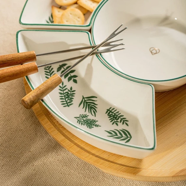 Тарілка Homla Fincan з чашами в зелене листя 5 шт + обертовий піднос 30 см (5906496755286) - зображення 7