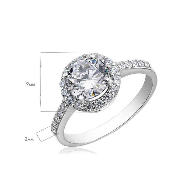 Серебряное кольцо с крупным круглым фианитом и дорожкой камней, 925 проба, покрытие родий, 19 размер - Фото 1 Серебряное кольцо с крупным круглым фианитом и дорожкой камней, 925 проба, покрытие родий, 19 размер - изображение 1