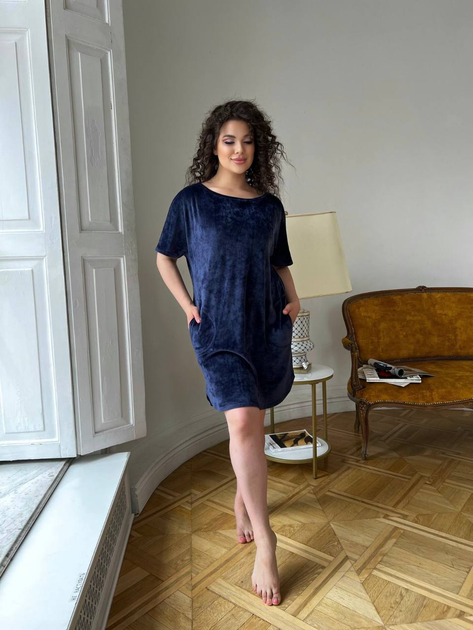 Велюрова нічна сорочка темно-синя 3XL - Фото 1 Велюрова нічна сорочка темно-синя 3XL - зображення 1