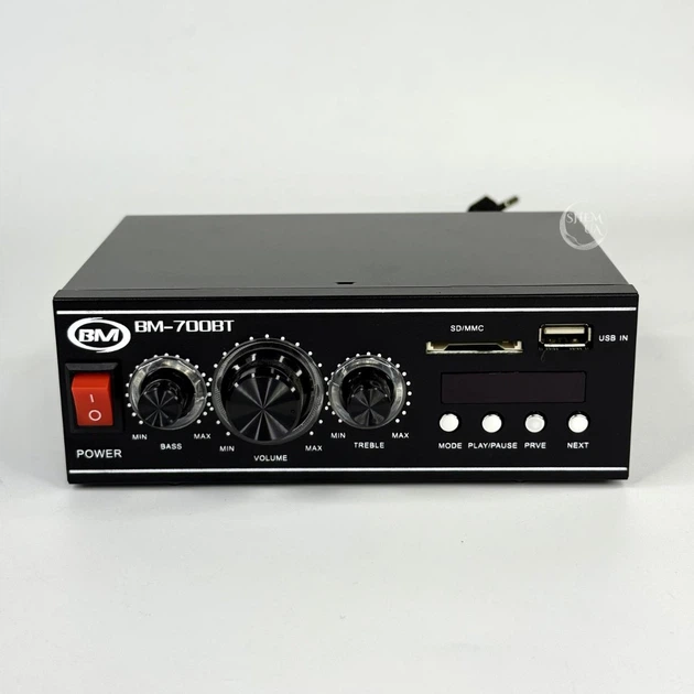 Усилитель звука для колонок 2-канальный с Bluetooth, USB, SD, AUX и FM-радио, портативный стереоусилитель мощности с пультом управления для акустики, дома и авто, питание 12V/220V Черный, BM-700BT - изображение 2