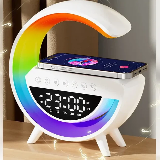 RGB ночник с беспроводной зарядкой 15W | Bluetooth колонка | часы | лампа для сна | 13 режимов подсветки - изображение 3