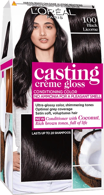 Краска уход для волос L'Oreal Paris Casting Creme Gloss № 100 "Чёрная ваниль" - Фото 1 Краска уход для волос L'Oreal Paris Casting Creme Gloss № 100 "Чёрная ваниль" - изображение 1