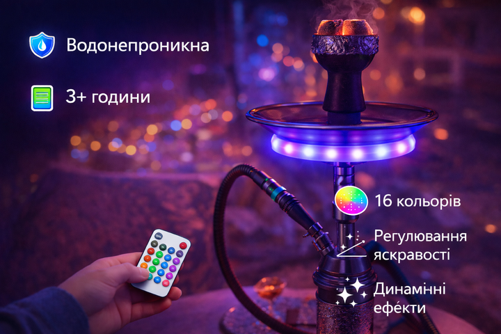 Подсветка под блюдце кальянная LED 16 см маленькая пластиковая на 6 ярких RGB диодов 16 цветов + регулировка яркости и режимов свечения - изображение 4