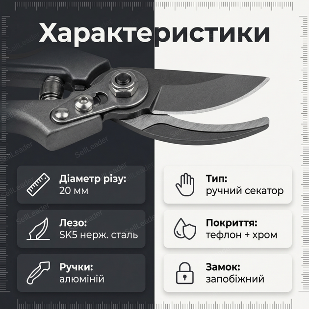 Секатор с наковальней для обрезки сухих веток деревьев кустарников V-series ветки до 20 мм KT V1082 тефлон садовый - изображение 3