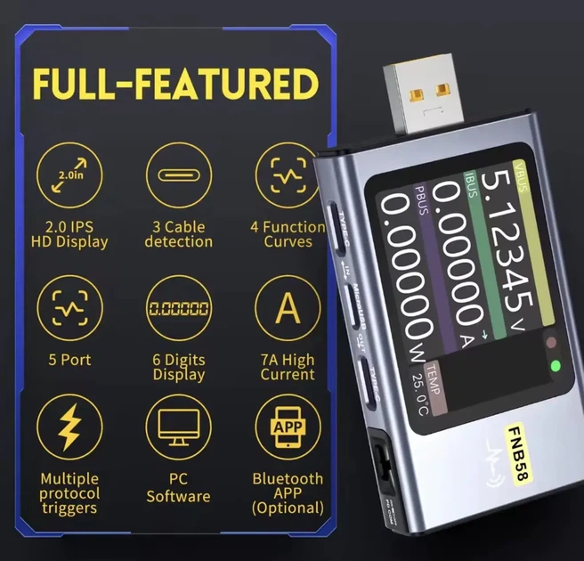 USB тестер FNIRSI FNB58 з Bluetooth, вимірювач напруги, струму та потужності, PD QC - изображение 2
