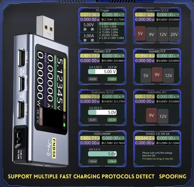 USB тестер FNIRSI FNB58 з Bluetooth, вимірювач напруги, струму та потужності, PD QC - изображение 6