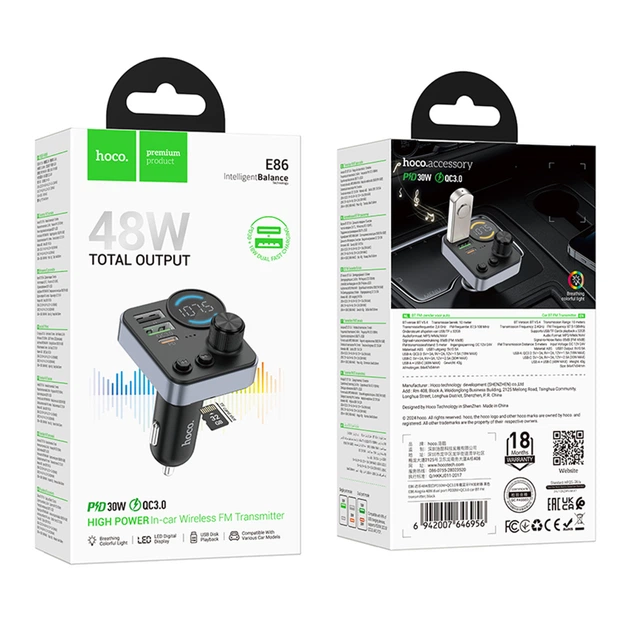 FM-трансмиттер Hoco E86 PD30W + QC3.0 18W Bluetooth автомобильный с быстрой зарядкой 48W - изображение 5