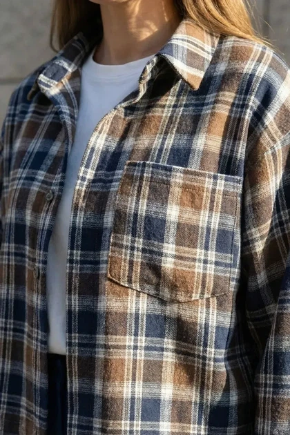 Укороченая рубашка в клетку L-XL. Синий - изображение 4