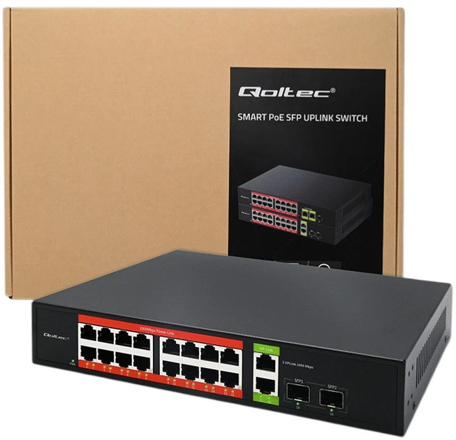 Przelacznik sieciowy Qoltec SWITCH Gigabit Ethernet PoE 16 x RJ45 PoE / 2 x RJ45 Uplink / 2 x SFP 250W 1000 Mbps (5901878522920) - obraz 5