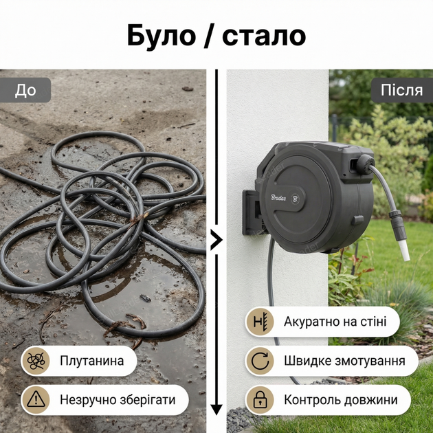Котушка 20м автоматична зі шлангом 1/2" та аксесуарами для поливу газону саду настінний барабан - зображення 5