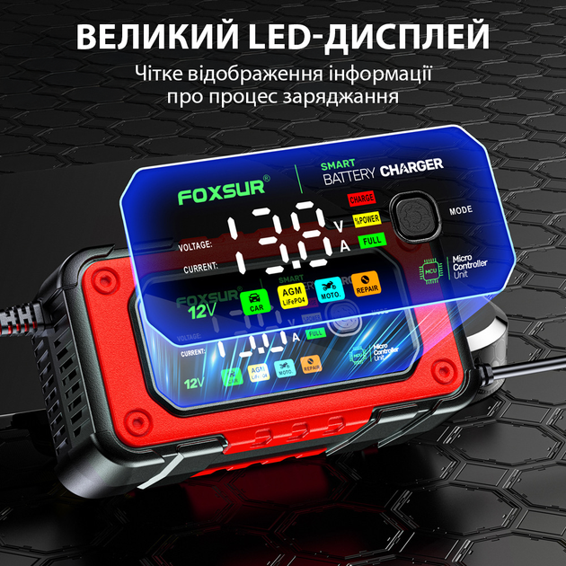 Умное зарядное устройство Foxsur 12V 7A автомобильное для свинцово-кислотных и LiFePO4 аккумуляторов с функцией восстановления - изображение 4
