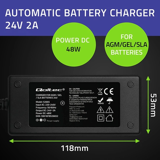 Automatyczna ładowarka Qoltec do akumulatora AGM/GEL/STD 24 V 2 A 48 W (5901878526652) - obraz 8