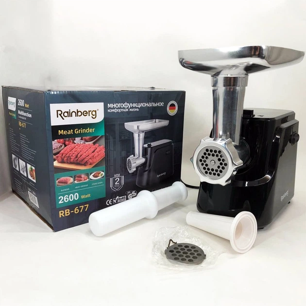 Электромясорубка Rainberg RB-677 2600 Вт с реверсом, шнековая мясорубка для фарша, насадки для колбас и кеббе, 2 решетки - Фото 3 Электромясорубка Rainberg RB-677 2600 Вт с реверсом, шнековая мясорубка для фарша, насадки для колбас и кеббе, 2 решетки - изображение 3