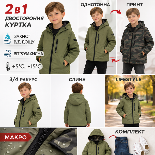 Двостороння куртка демісезонна для хлопчика Happy House 2-в-1 з капюшоном водовідштовхувальна, 116-122, Оливковий - Фото 8 Двостороння куртка демісезонна для хлопчика Happy House 2-в-1 з капюшоном водовідштовхувальна, 116-122, Оливковий - зображення 8