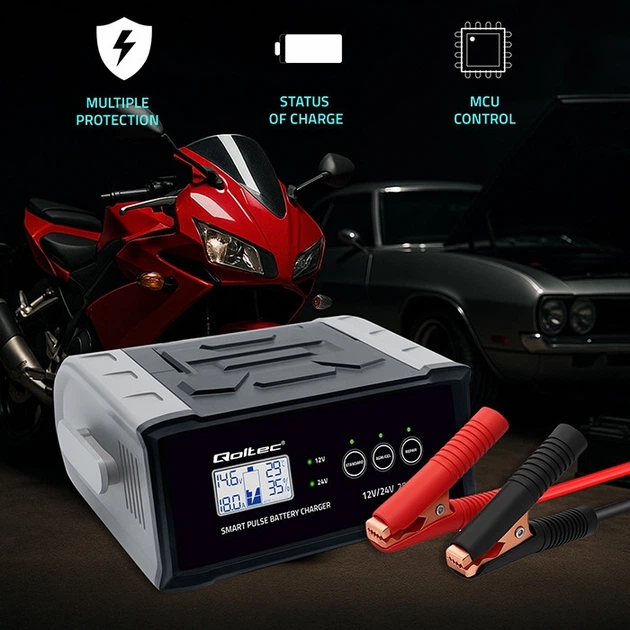 Inteligentna mikroprocesorowa ładowarka Qoltec do akumulatora AGM/GEL/SLA LCD 12-24 V 25 A (5901878525143) - Zdjęcie 9 Inteligentna mikroprocesorowa ładowarka Qoltec do akumulatora AGM/GEL/SLA LCD 12-24 V 25 A (5901878525143) - obraz 9