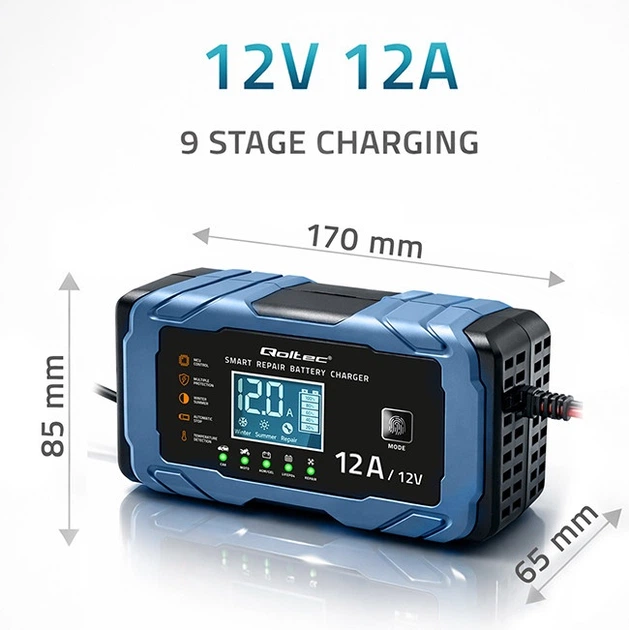 Inteligentna mikroprocesorowa ładowarka Qoltec do akumulatora AGM/GEL/LiFePO4 12 V 12 A (5901878526676) - obraz 4