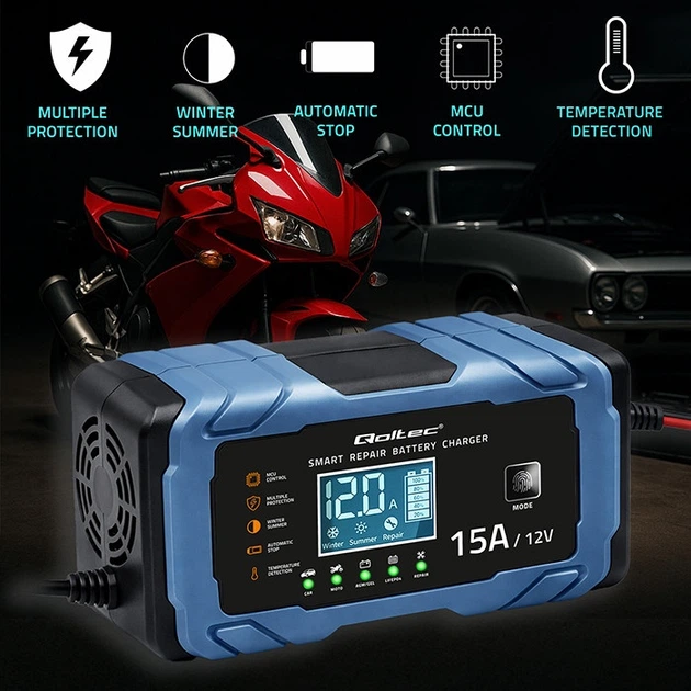 Inteligentna mikroprocesorowa ładowarka Qoltec do akumulatora AGM/GEL/LiFePO4 12 V 15 A (5901878526669) - Zdjęcie 5 Inteligentna mikroprocesorowa ładowarka Qoltec do akumulatora AGM/GEL/LiFePO4 12 V 15 A (5901878526669) - obraz 5