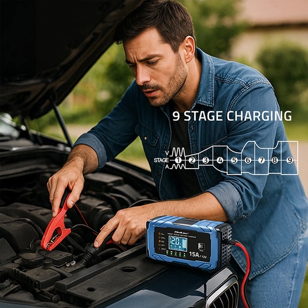 Inteligentna mikroprocesorowa ładowarka Qoltec do akumulatora AGM/GEL/LiFePO4 12 V 15 A (5901878526669) - Zdjęcie 7 Inteligentna mikroprocesorowa ładowarka Qoltec do akumulatora AGM/GEL/LiFePO4 12 V 15 A (5901878526669) - obraz 7