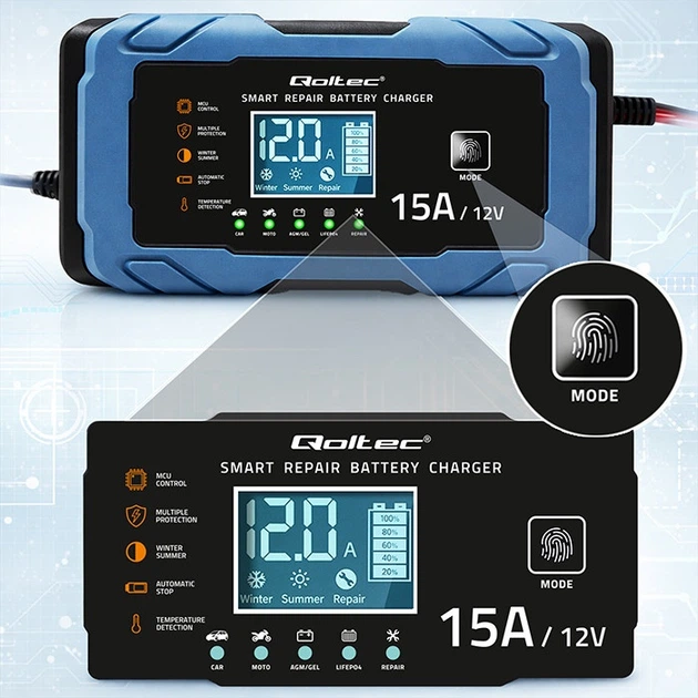 Inteligentna mikroprocesorowa ładowarka Qoltec do akumulatora AGM/GEL/LiFePO4 12 V 15 A (5901878526669) - Zdjęcie 9 Inteligentna mikroprocesorowa ładowarka Qoltec do akumulatora AGM/GEL/LiFePO4 12 V 15 A (5901878526669) - obraz 9