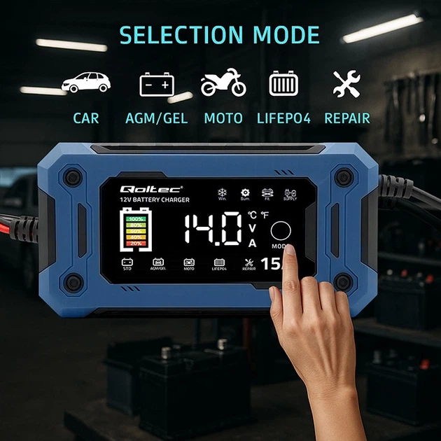 Inteligentna mikroprocesorowa ładowarka Qoltec do akumulatora AGM/GEL/LiFePO4 LCD 12 V 15 A (5901878524962) - Zdjęcie 6 Inteligentna mikroprocesorowa ładowarka Qoltec do akumulatora AGM/GEL/LiFePO4 LCD 12 V 15 A (5901878524962) - obraz 6