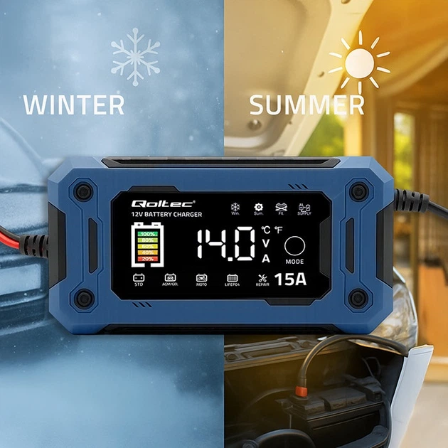 Inteligentna mikroprocesorowa ładowarka Qoltec do akumulatora AGM/GEL/LiFePO4 LCD 12 V 15 A (5901878524962) - Zdjęcie 9 Inteligentna mikroprocesorowa ładowarka Qoltec do akumulatora AGM/GEL/LiFePO4 LCD 12 V 15 A (5901878524962) - obraz 9